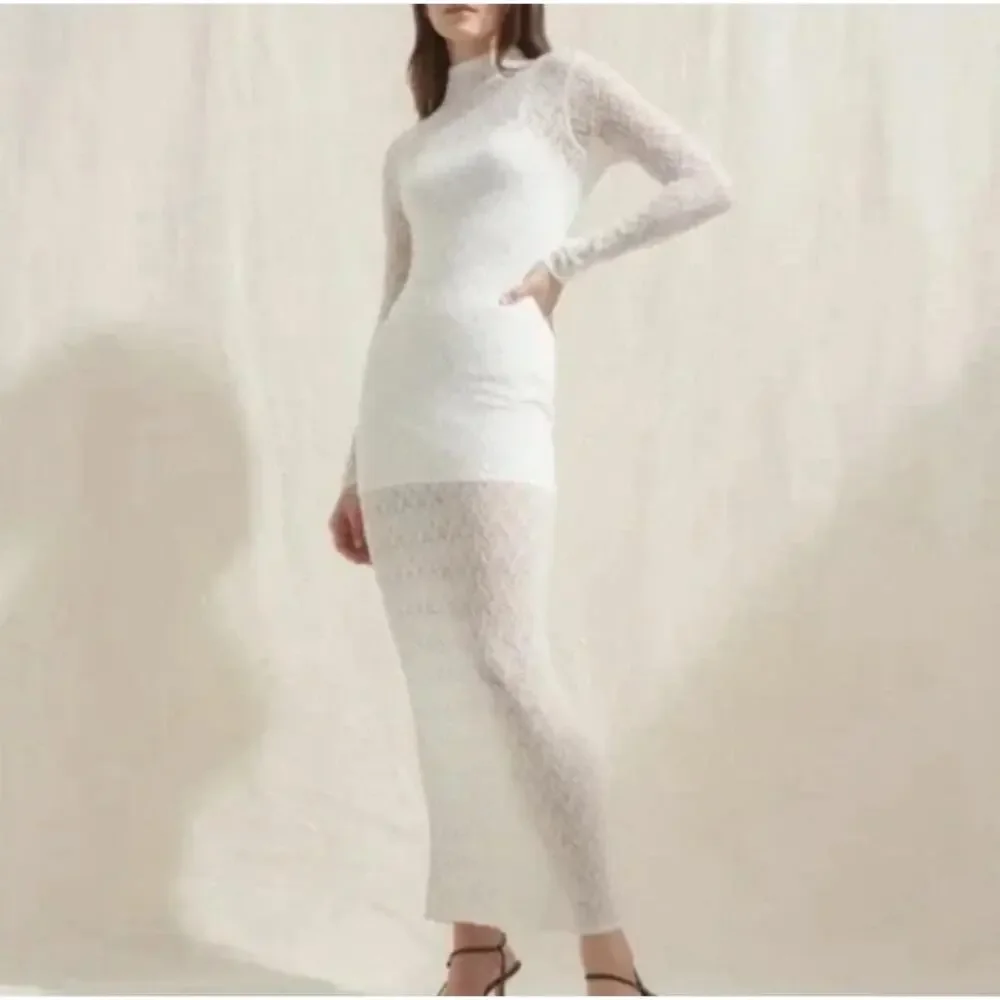 Abercrombie & Fitch Sheer White Merino Wool Blend Maxi Sweater Mock Neck Dress